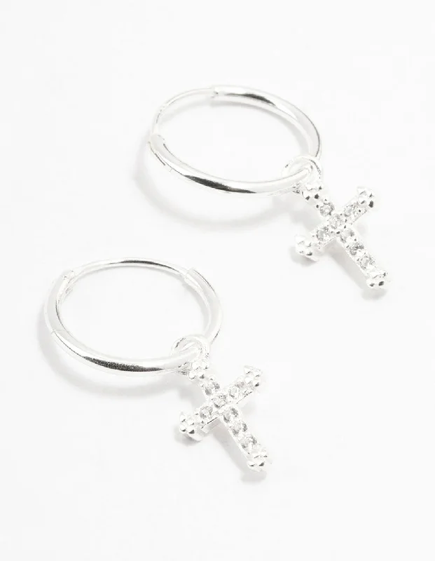 Best hoop earrings with geometric pendants for a modern, chic appeal-Sterling Silver Cubic Zirconia Cross Hoop Earrings