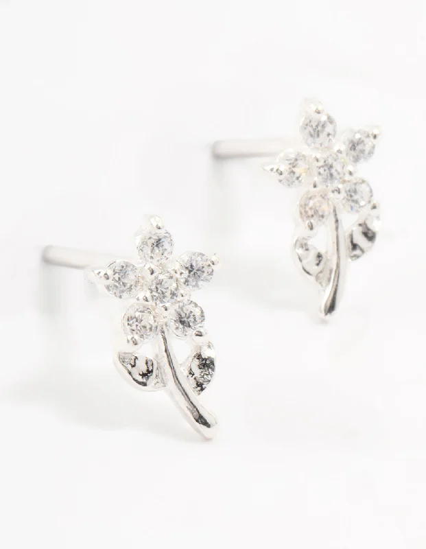 Best hoop earrings with intricate beaded details for a textured, stylish appearance-Sterling Silver Cubic Zirconia Flower Stem Earrings