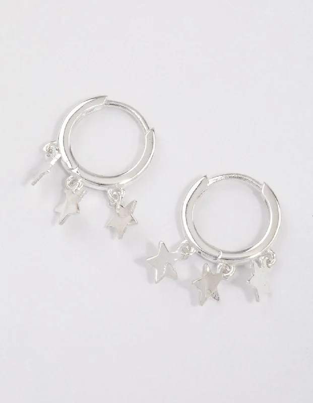 Hoop earrings with pearl accents for a chic and classic style-Sterling Silver Trio Star Huggie Earrings