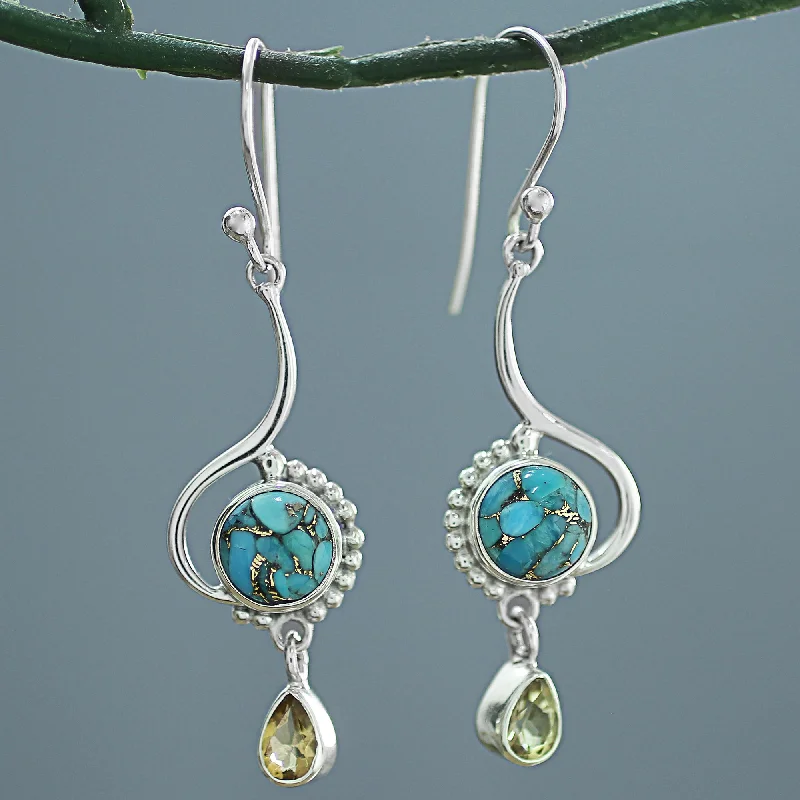 Best hoop earrings with intricate beaded details for a textured, stylish appearance-Sunny Splendor Sterling Silver Composite Turquoise Dangle Earrings India