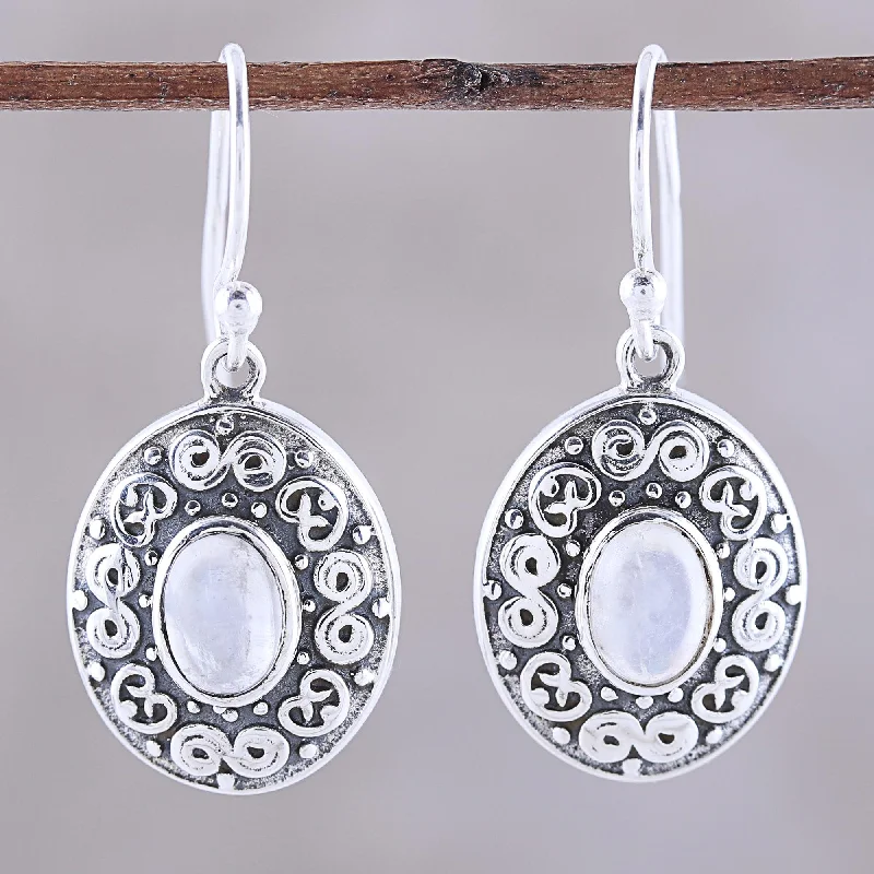 Hoop earrings with artistic filigree designs for an intricate, delicate finish-Swirling Ellipse Swirl Motif Rainbow Moonstone Dangle Earrings from India