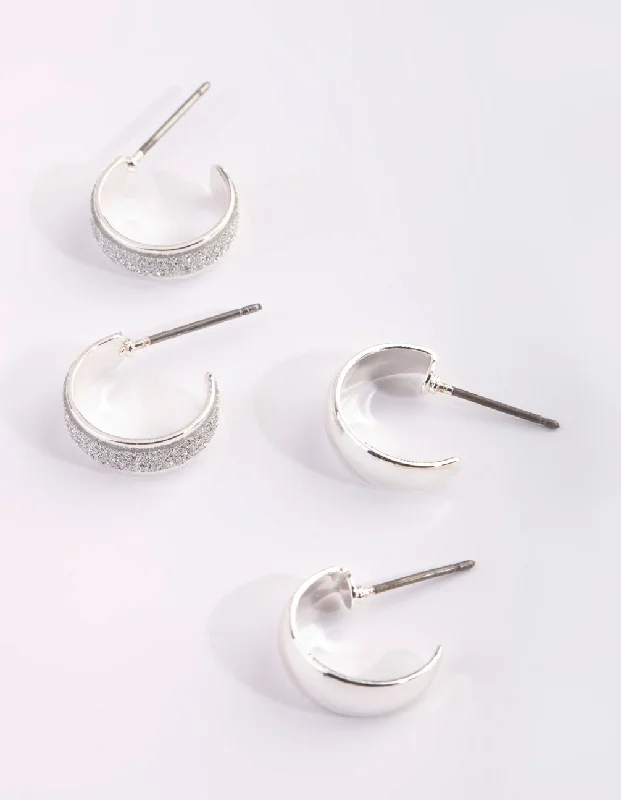 Hoop earrings with a matte black finish for a sleek, edgy vibe-Silver Glitter Huggie Hoop Earring Set