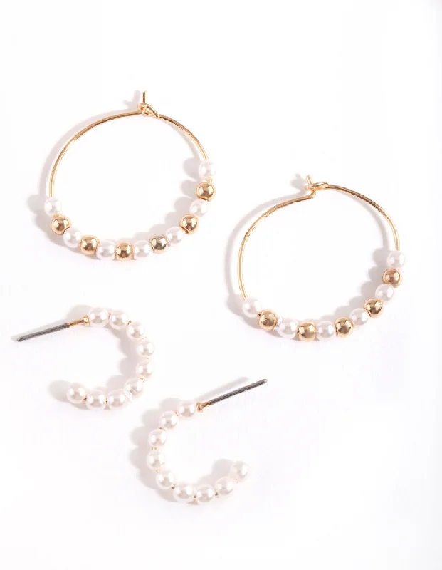 Hoop earrings with textured finishes for a vintage and classic style-Gold Pearl Bead Hoop Earring Pack