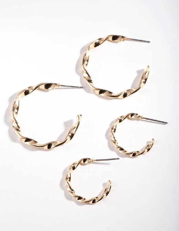 Hoop earrings with diamond-cut surfaces for added sparkle and shine-Gold Twisted Hoop Earring Pack