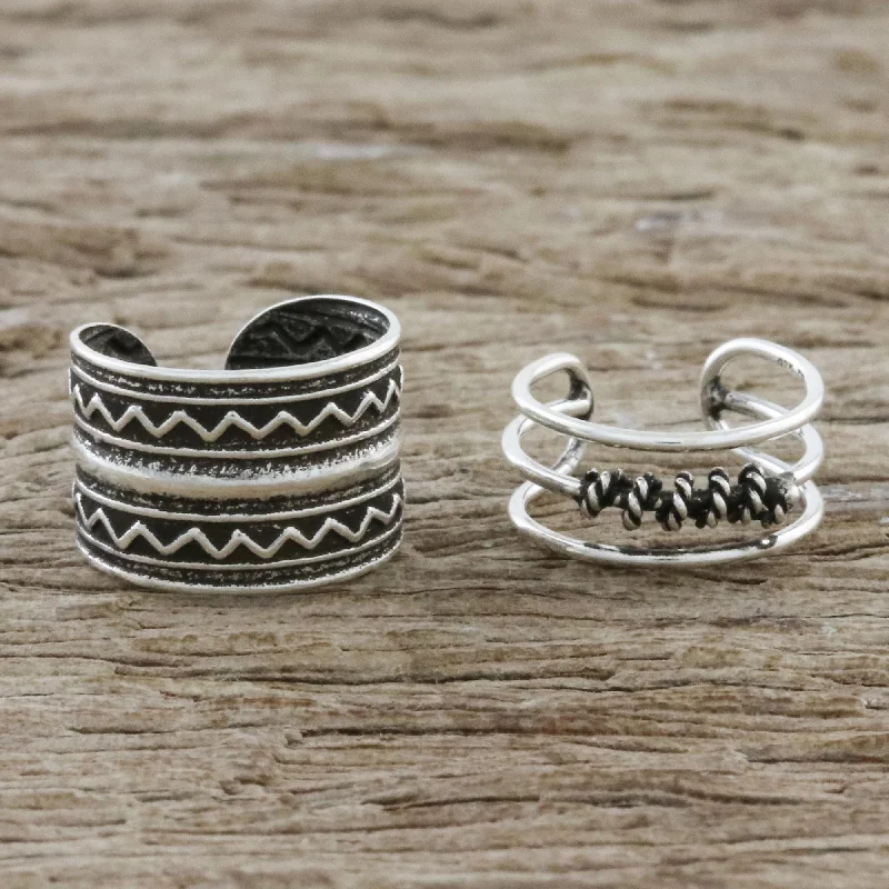 Hoop earrings with circle designs for a classic and timeless shape-Zigzag Charm Zigzag and Rope Motif Sterling Silver Ear Cuffs