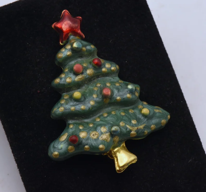 Best necklaces and pendants for weddings with matching designs for bride and groom-Vintage Gold Tone Metal and Colored Enamel Christmas Tree Brooch