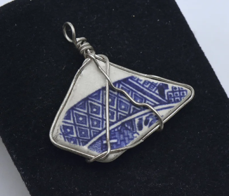 Unique necklaces and pendants with engraved messages for a sentimental gift-Sea Pottery Shard Sterling Silver Wire Wrapped Pendant