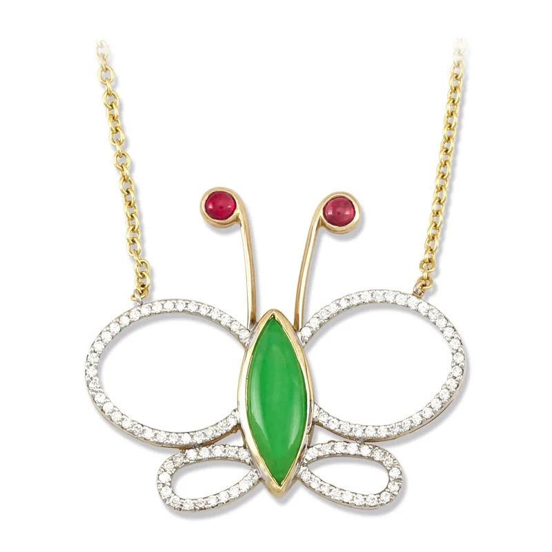 Trendy necklaces and pendants with geometric shapes for a modern aesthetic-Jadeite Jade, Ruby & Diamond Butterfly Necklace