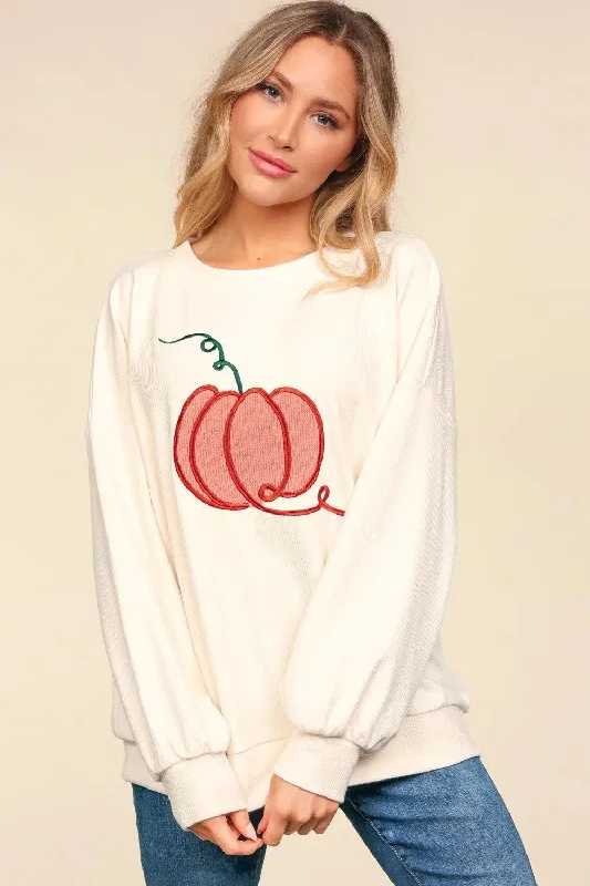 Necklaces and pendants with feather designs for a boho-chic, carefree vibe-Haptics Full Size Embroidery Pumpkin Long Sleeve Knit Top