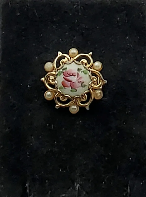 Unique necklaces and pendants with vintage-inspired designs for timeless appeal-Vintage Hand Painted Guilloche Enamel Gold Tone Brooch