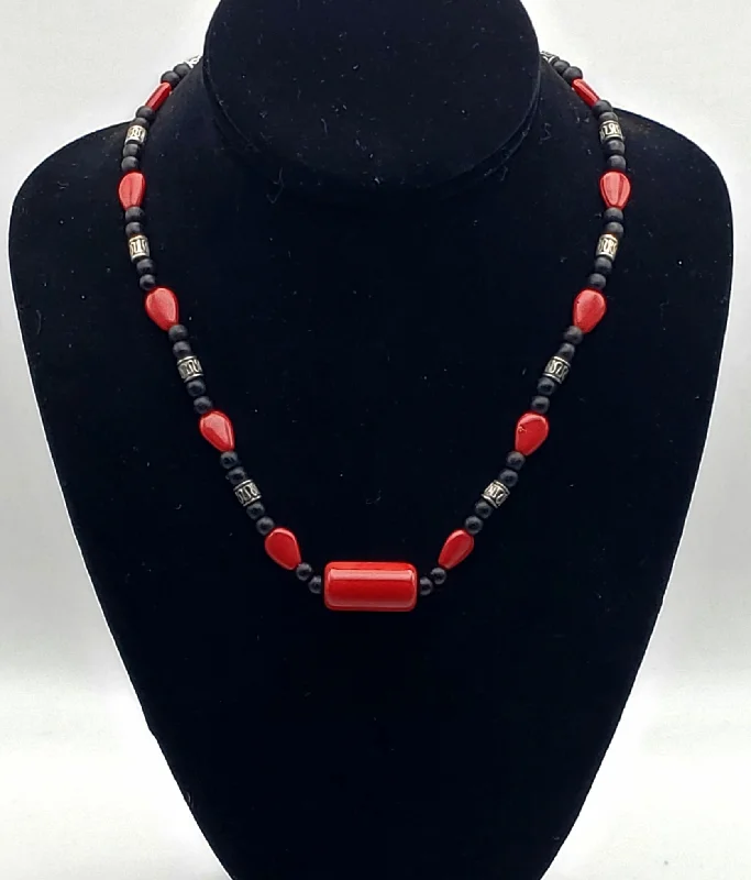 Necklaces and pendants with custom designs for a completely unique jewelry piece-Vintage Red Glass, Black Wood, and Silver Tone Metal Bead Necklace - 18.25"