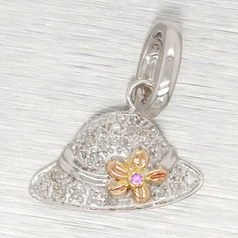 Personalized necklaces and pendants with initials for a customized and meaningful gift-Vintage Pavé Diamond & Ruby Flower Sun Hat Pendant - 14k White Gold Charm