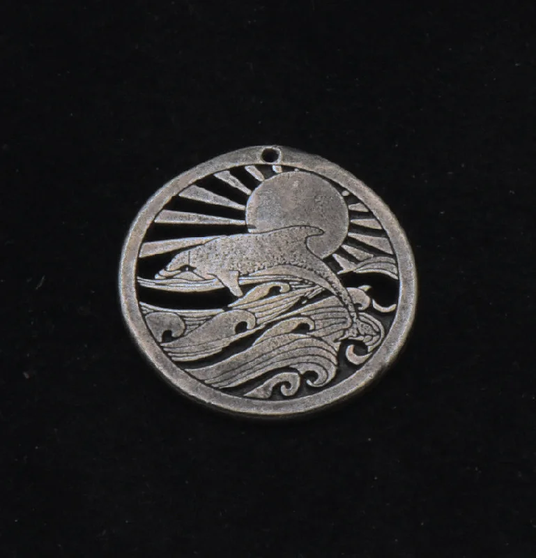 Necklaces and pendants with celestial starburst designs for a radiant look-Vintage Pewter Dolphin Medallion Pendant