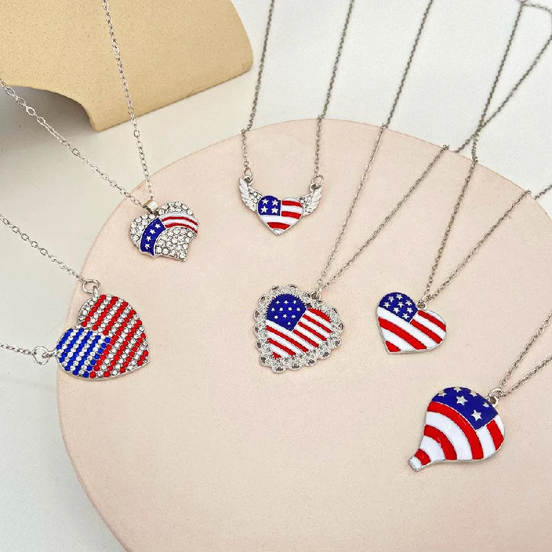 Trendy necklaces and pendants with statement pieces for a bold fashion statement-Wholesale American Independence Day Flag Pendant Pentagram Heart Alloy Necklaces