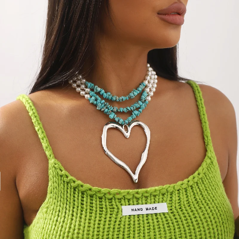 Stunning necklaces and pendants with sapphire gemstones for a luxurious blue hue-Wholesale Bohemian Multi-layered Large Heart Beaded Turquoise Necklace