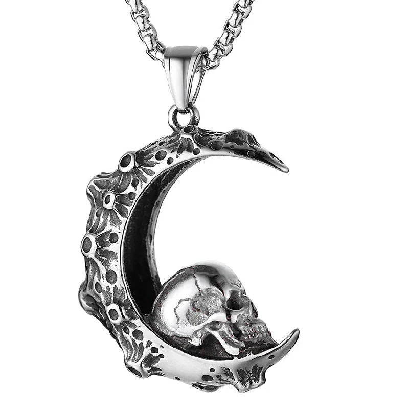 Stunning necklaces and pendants with birthstone pendants for a personal touch-Wholesale Moon Skull Pendant Stainless Steel Necklaces