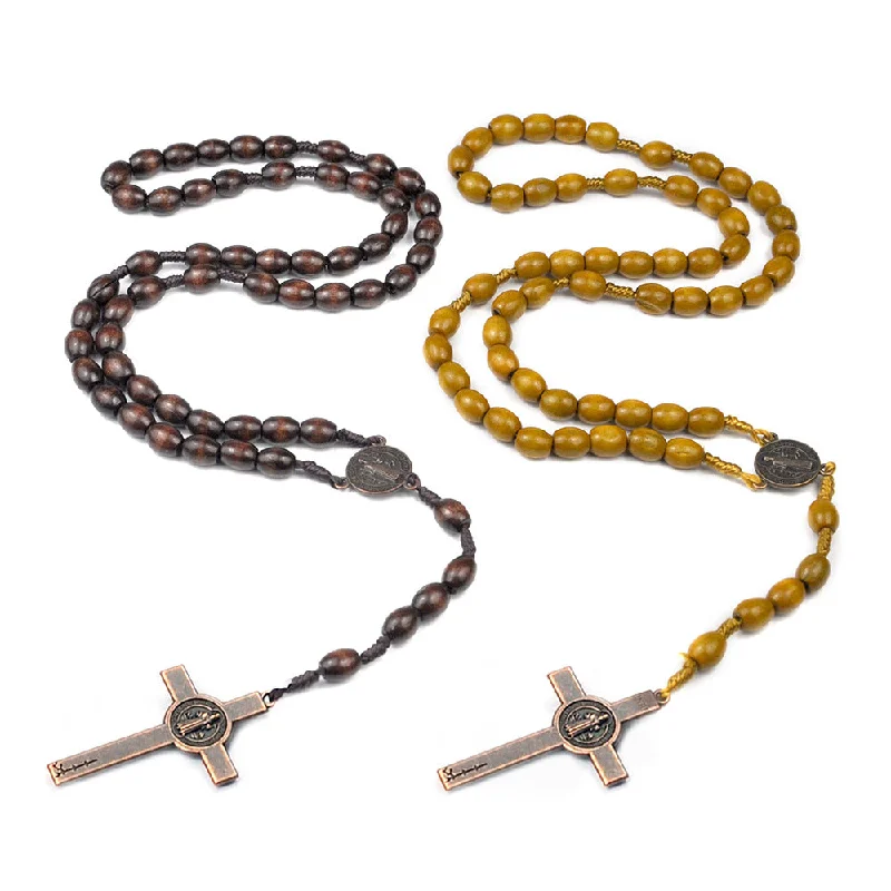 Best necklaces and pendants with glowing moonstone for an ethereal glow-Wholesale Rosary Beads Weaving Dark Brown Rice Beads Wooden Cross Necklace