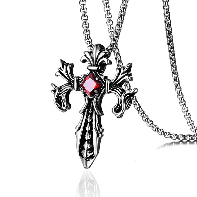 Simple necklaces and pendants with bar pendants for a sleek modern design-Wholesale Ruby Paved Pendant Double Dragon Cross Stainless Steel Necklaces