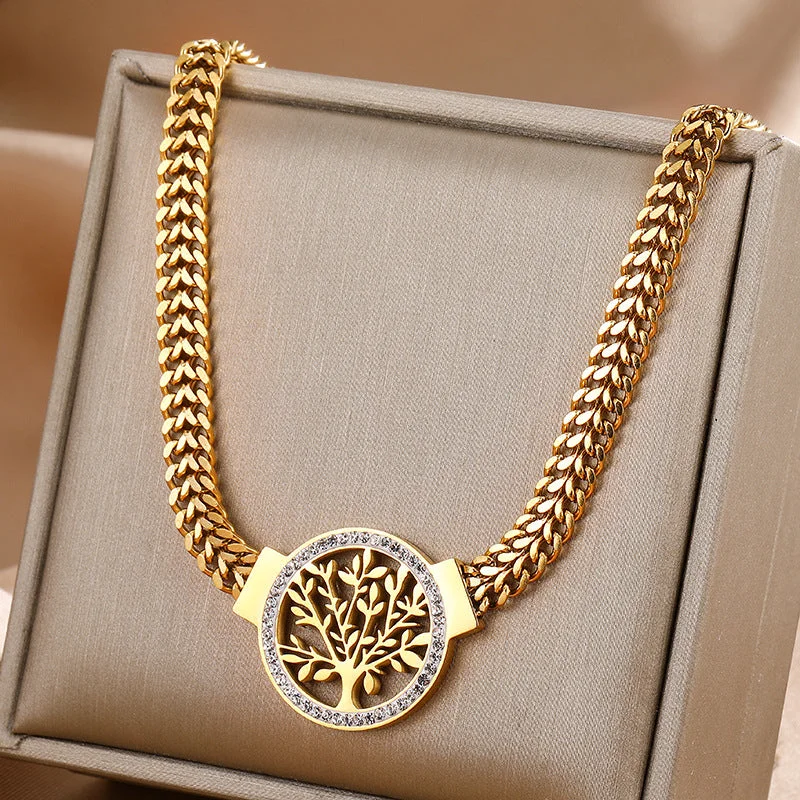 Stylish necklaces and pendants with diamonds for a glamorous and elegant look-Wholesale Tree of Life Stainless Steel Double Layer Necklace