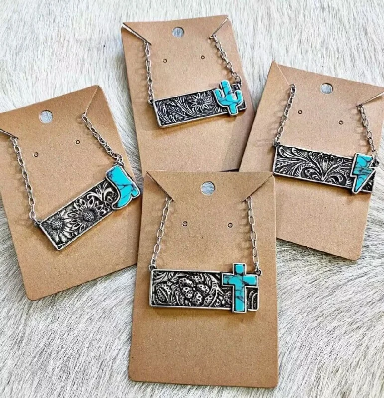 Trendy necklaces and pendants with geometric shapes for a modern aesthetic-Wholesale Vintage Square Turquoise Cactus Lightning Cross Cowboy Boots Necklace